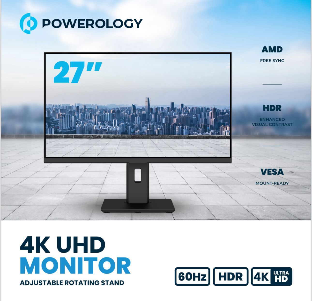 10142-products-65e5ff6e7a1de.jpeg شاشة من باوراولوجي بدقة 4k شاشة Powerology مقاس 27 بوصة بدقة 4K UHD وحامل دوار قابل للتعديل - الصورة 1