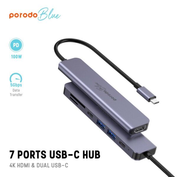 وصلة متعددة المنافذ بورودو بلو 7 منافذ USB-C HUB 4K HDMI ومنفذ USB-C مزدوج