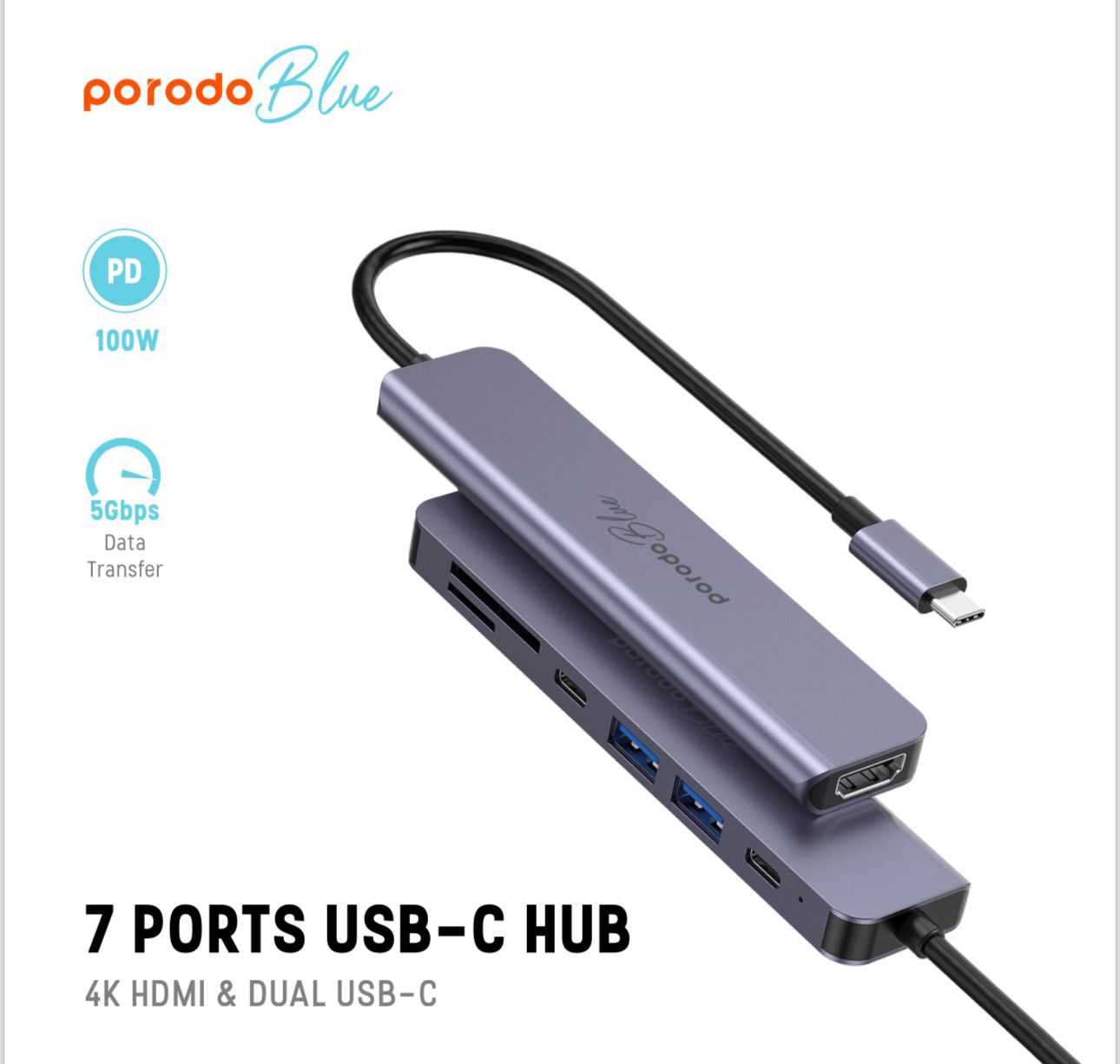 10322-products-665054b27ea6f.jpeg وصلة متعددة المنافذ بورودو بلو 7 منافذ USB-C HUB 4K HDMI ومنفذ USB-C مزدوج - الصورة 1