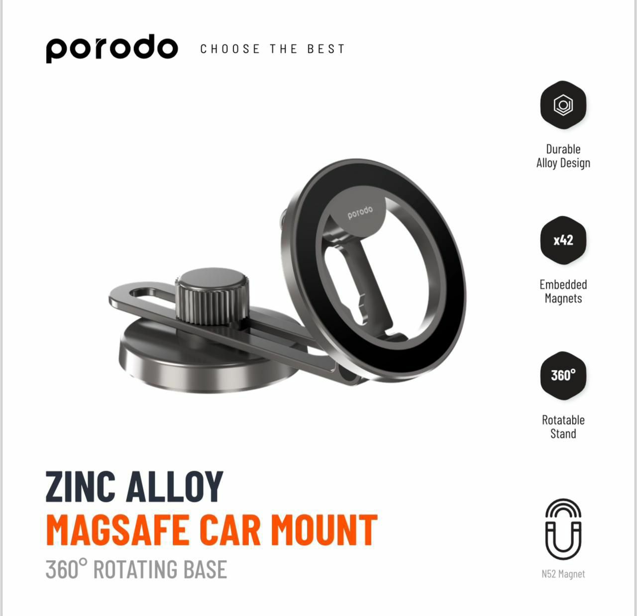10336-products-66582a686af3a.jpg ستاند هاتف للسيارة مغناطيسي قابل للدوران حامل سيارة MagSafe مصنوع من سبائك الزنك من Porodo - الصورة 1