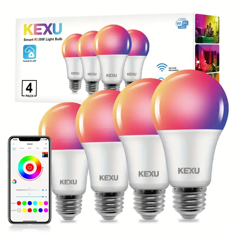 10657-products-66fcf1f9bb80c.webp مصابيح ذكية 4 قطع إضاءة المنزل الذكي مصابيح WIFI RGBW اللاسلكية متوافقة مع Alexa وGoogle Assistant، والتحكم الصوتي الذكي، وا - الصورة 1