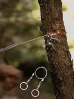 منشار سلكي للتخييم والبقاء محمول قطعة واحدة، مع شفرة منحنية، سلسلة، حبل وجيب للمغامرات الخارجية