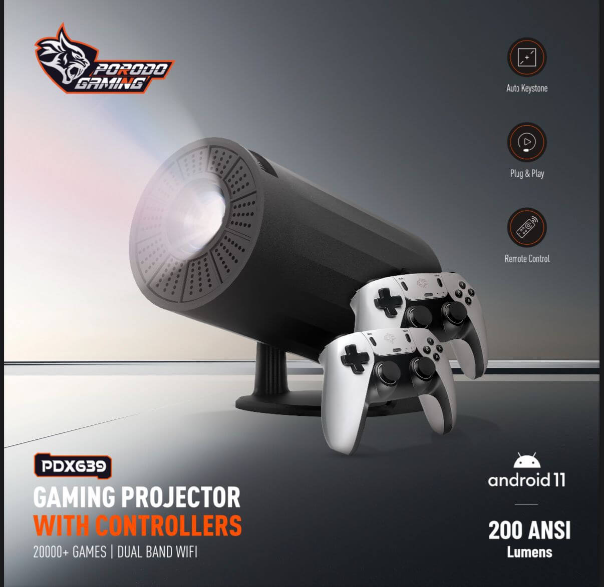 10877-products-67a6f0c6a04c6.jpeg جهاز العاب كلاسيكية جهاز عرض ألعاب Porodo 4K يعمل بنظام Android 11 مع Auto Keystone ووحدة تحكم Gamepad - الصورة 1