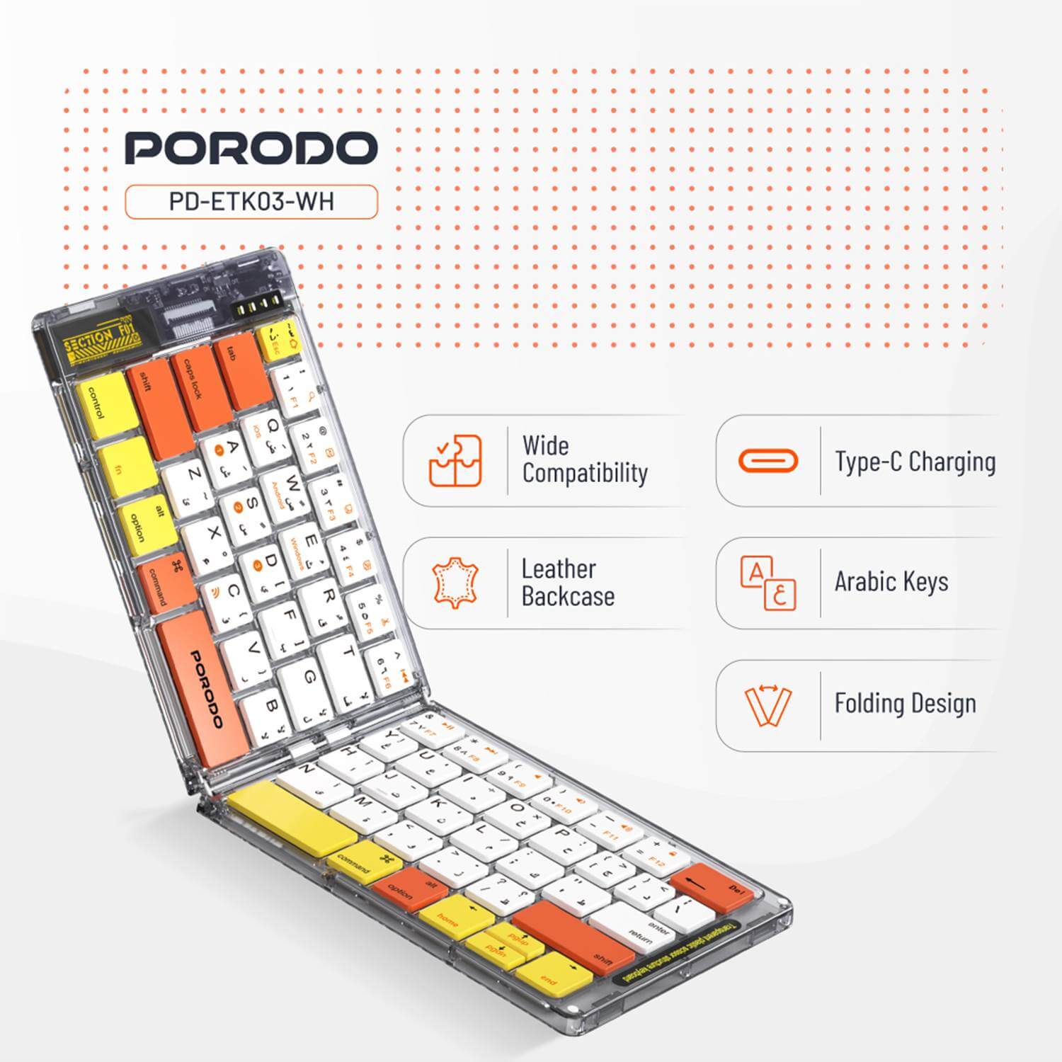 10961-products-68013fecc9908.jpg كيبورد لاسلكي محمول قابل للطي بورودو كريستال شيل، شفاف، اتصال بلوتوث، قابل للطي، 65 مفتاحًا + تخطيط عربي، بطارية ليثيوم 80 مل - الصورة 1