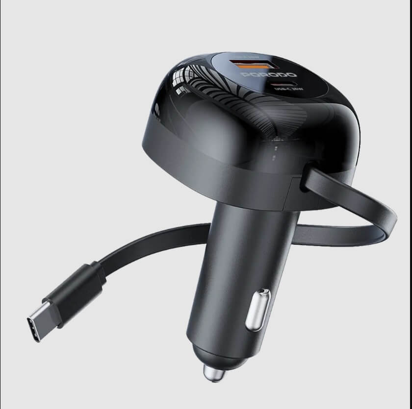 11000-products-682181949fd78.jpeg شاحن سيارة بورودو ثنائي المنفذ، كابل Type-C قابل للسحب بطول 80 سم - أسود - الصورة 1