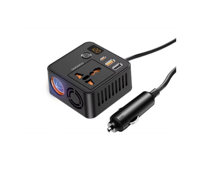 11017-products-6835c07a9cb81.jpeg محول كهرباء للسيارة محول الطاقة من Porodo مع مروحة تبريد ذكية مدمجة، بقوة 200 واط، طاقة 30 واط، حماية من الجهد المنخفض - الصورة 1
