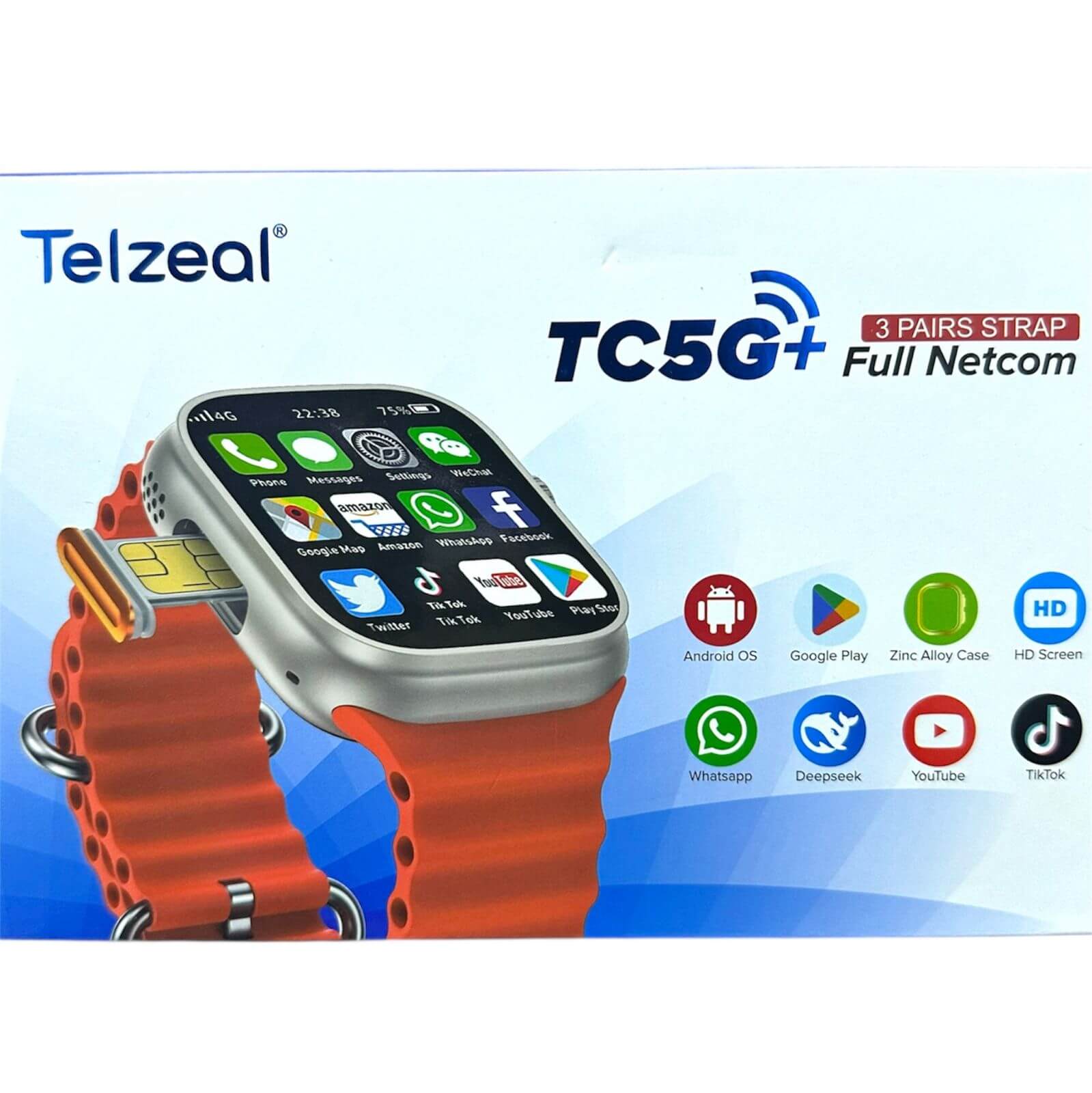 11022-products-683ea7e649750.jpeg ساعة ذكية TC5G من تلزيل الألمانية شاشة عرض كاملة 2.2 بوصة ( بطاقة و كل التطبيقات واتساب والعاب و3 اساور ) - الصورة 1