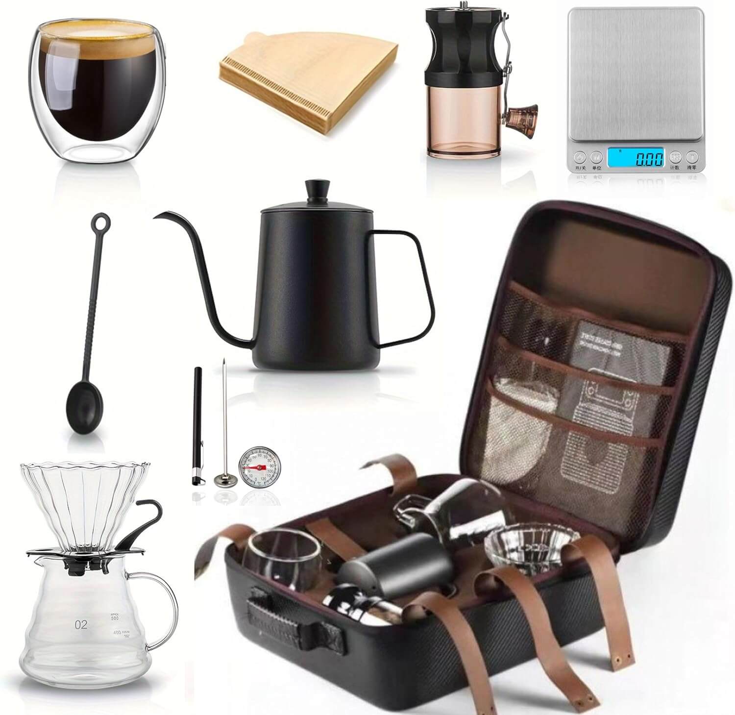 11032-products-683f01f744f81.jpg حقيبة قهوة V60 مجموعة صانعة القهوة اليدوية المتكاملة من Memelon – 9 قطع مع حقيبة محمولة، مطحنة، غلاية، فلتر وأدوات باريستا اح - الصورة 1