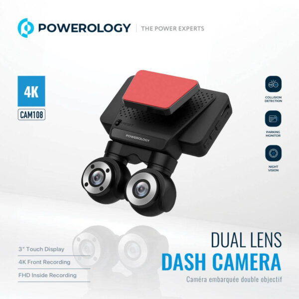 داش كام كاميرا للسيارات كاميرا Powerology Dash CAM108 مزدوجة العدسات – تصوير أمامي 4K وداخلي FHD