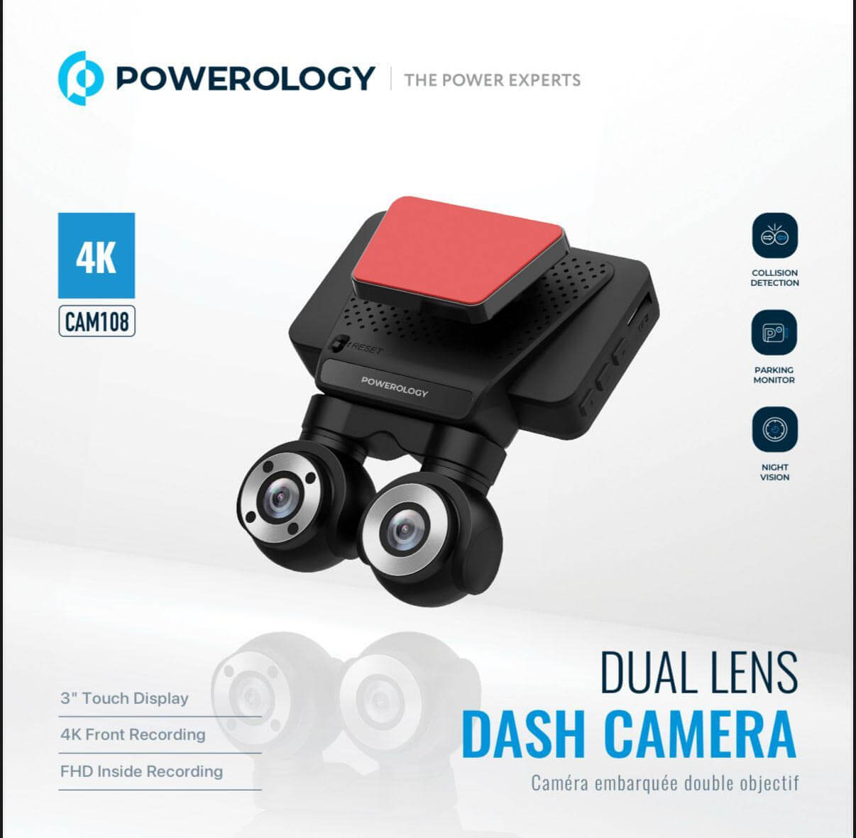 11075-products-6866d895b4ea8.jpg داش كام كاميرا للسيارات كاميرا Powerology Dash CAM108 مزدوجة العدسات – تصوير أمامي 4K وداخلي FHD - الصورة 1