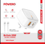 ⁦ادابتر شحن مع كيبل شاحن حائط Powero+ بريطاني بقوة 20 وات مع كابل من النوع C إلى النوع C⁩ - الصورة ⁦3⁩