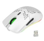 ماوس ألعاب لاسلكي 2.4 جيجا بتصميم مريح مزود بإضاءة متعددة الألوان RGB مع مستقبل نانو أبيض/فضي (ماوس جيمنج العاب لاسلكي شبيه ج