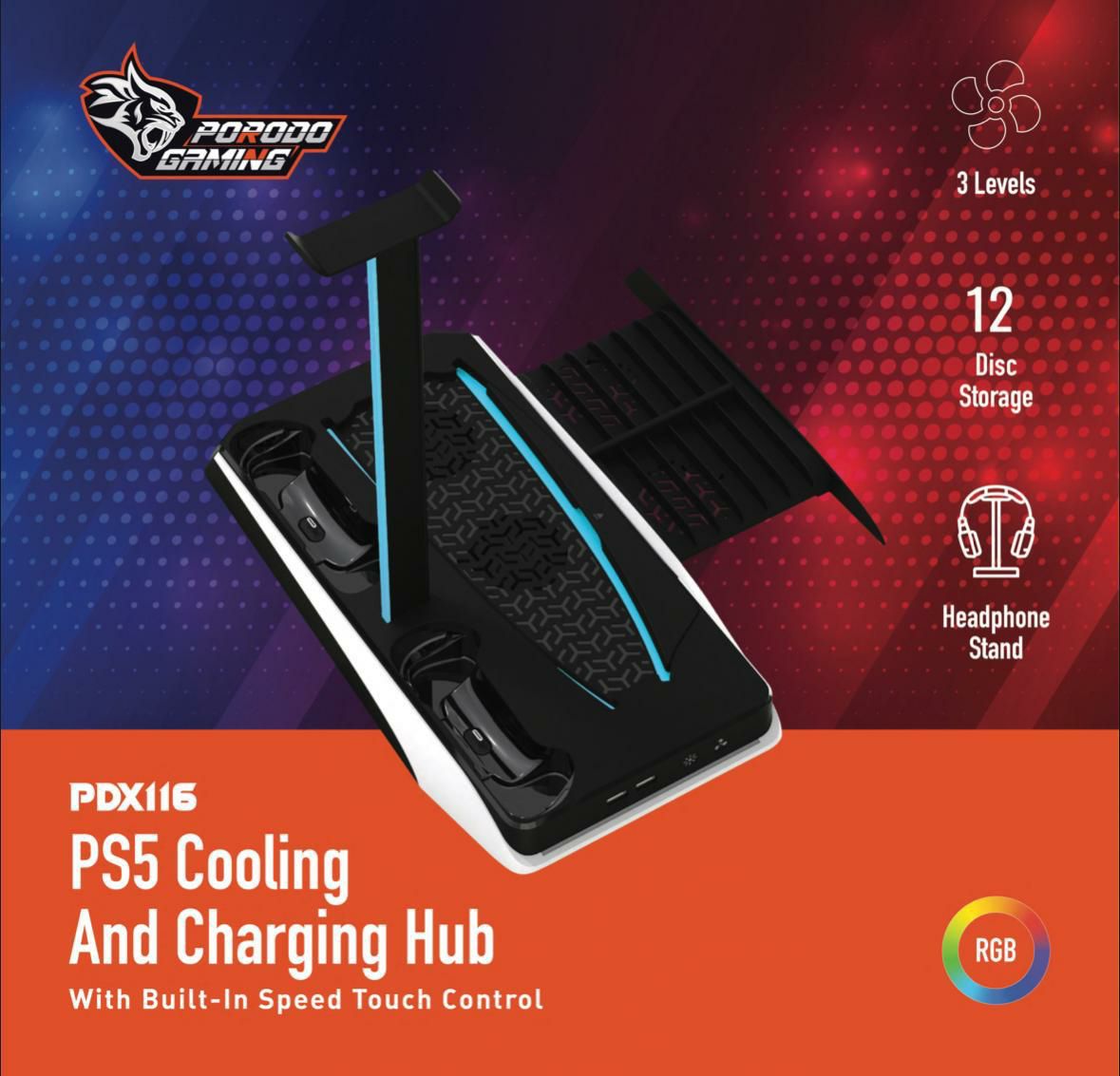 9357-products-64e6f1cbe682d.jpg ستاند للبلايستيشن5 مركز تبريد وشحن Porodo Gaming PS5 مع تحكم مدمج في السرعة باللمس - الصورة 1